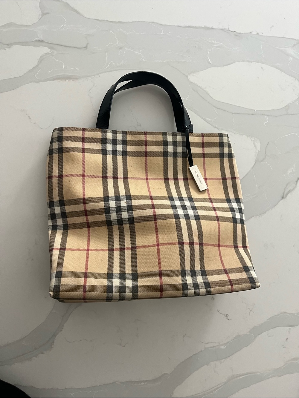 Burberry Beige Check Canvas Tote Bag with Black Handles 10x11.